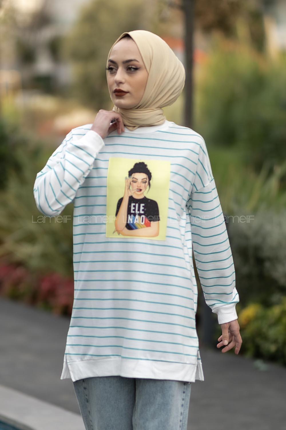 Modalamelif Ele Nao Girl Baskılı Çizgi Desenli Sweat Pastel Yeşili