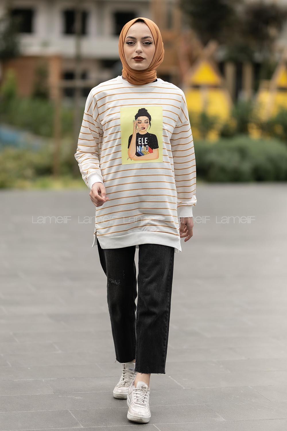 Modalamelif Ele Nao Girl Baskılı Çizgi Desenli Sweat Sütlükahve