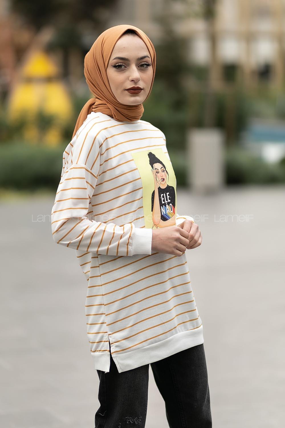 Modalamelif Ele Nao Girl Baskılı Çizgi Desenli Sweat Sütlükahve