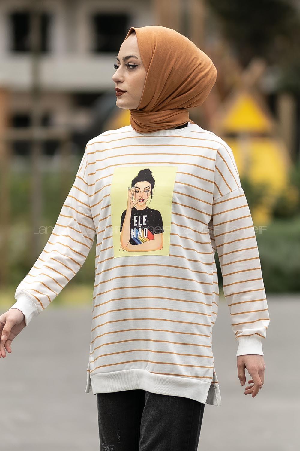 Modalamelif Ele Nao Girl Baskılı Çizgi Desenli Sweat Sütlükahve