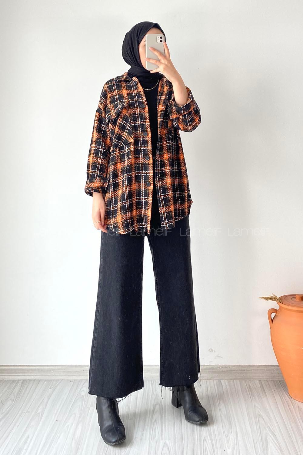 Modalamelif Kapak Çift Cep Detaylı Ekose Oduncu Gömlek Oranj-Siyah