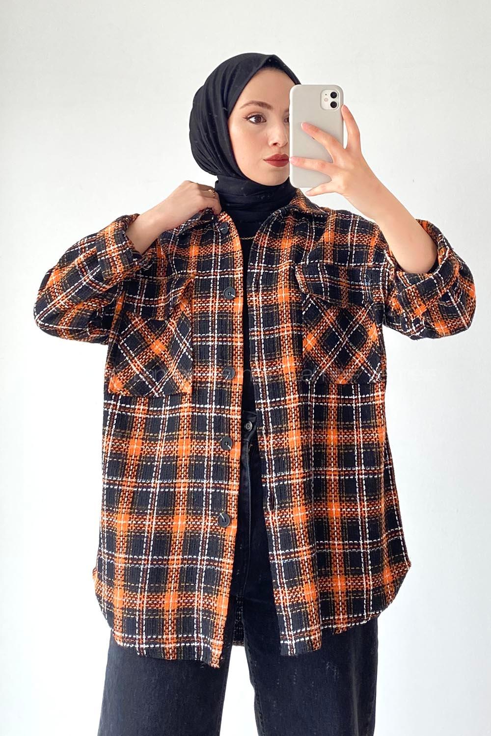 Modalamelif Kapak Çift Cep Detaylı Ekose Oduncu Gömlek Oranj-Siyah