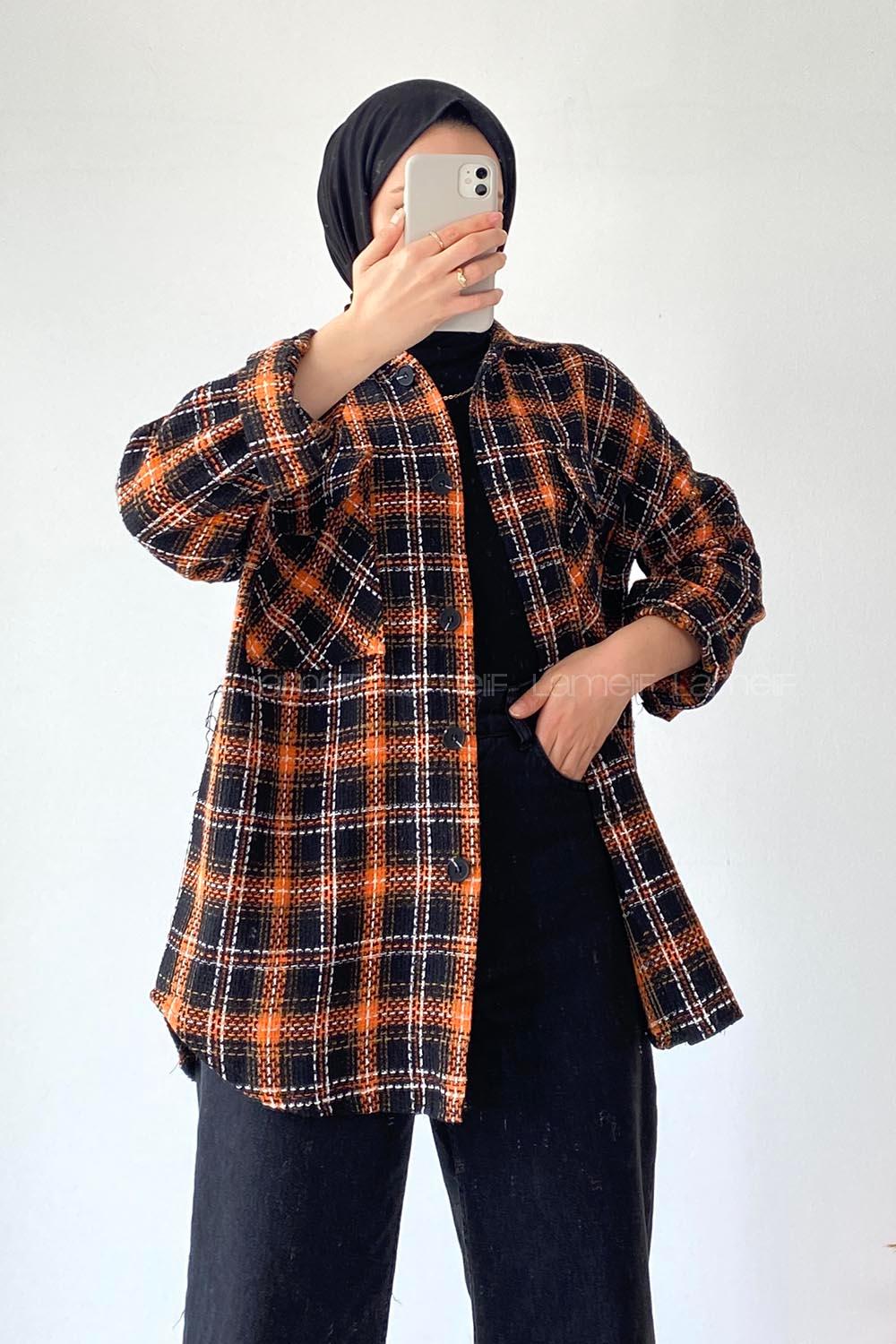 Modalamelif Kapak Çift Cep Detaylı Ekose Oduncu Gömlek Oranj-Siyah