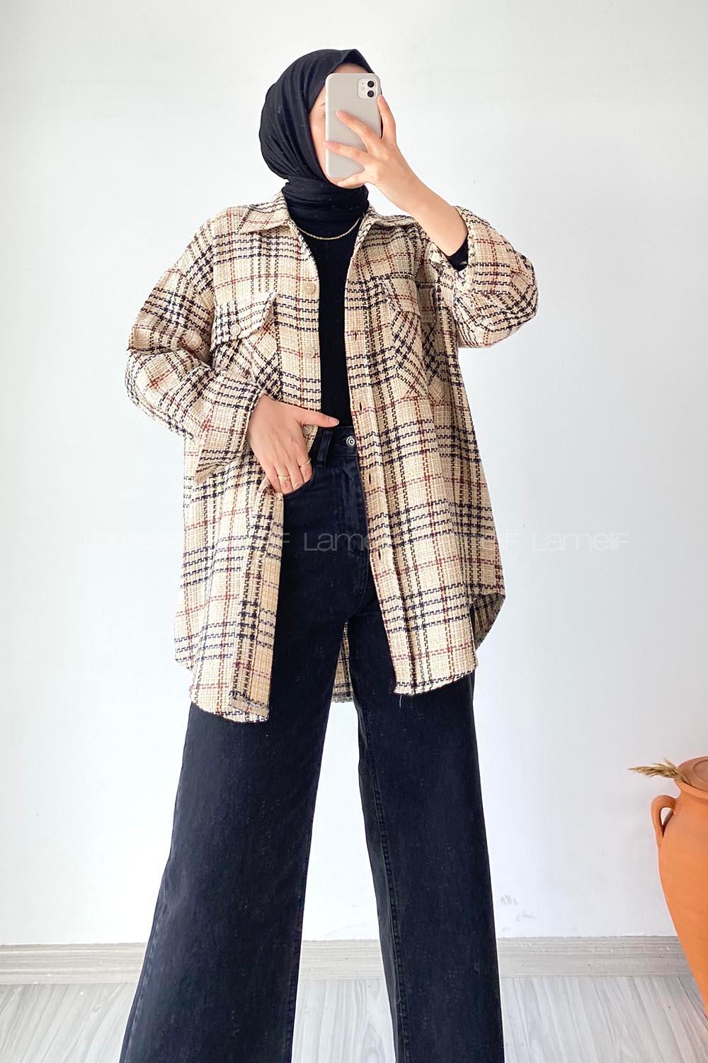 Modalamelif Kapak Çift Cep Detaylı Ekose Salaş Gömlek Bej