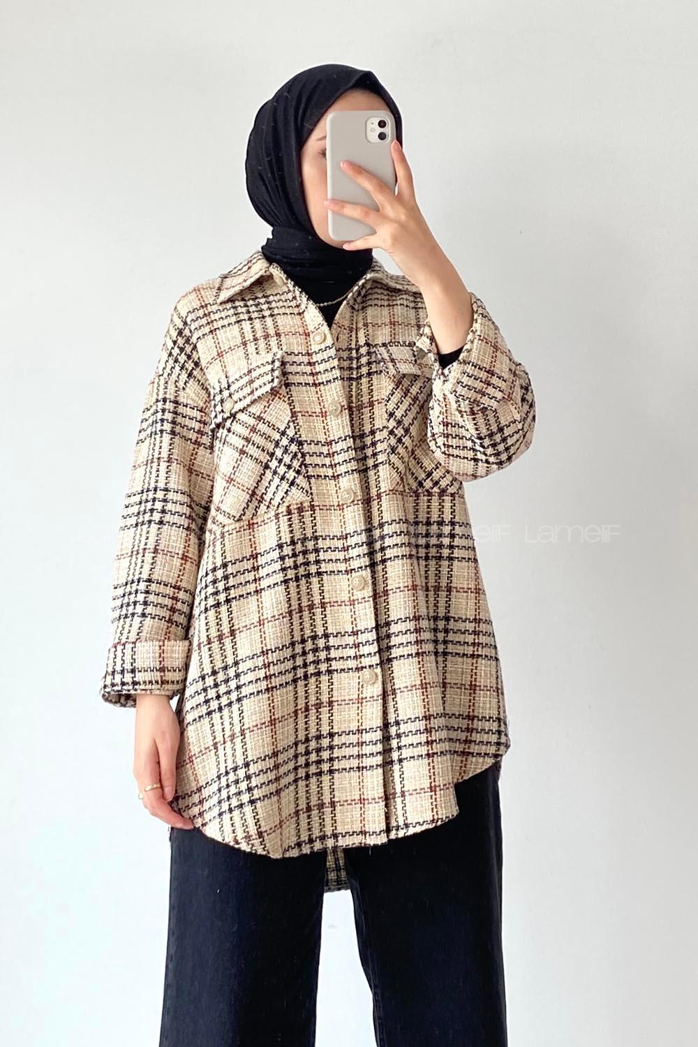 Modalamelif Kapak Çift Cep Detaylı Ekose Salaş Gömlek Bej