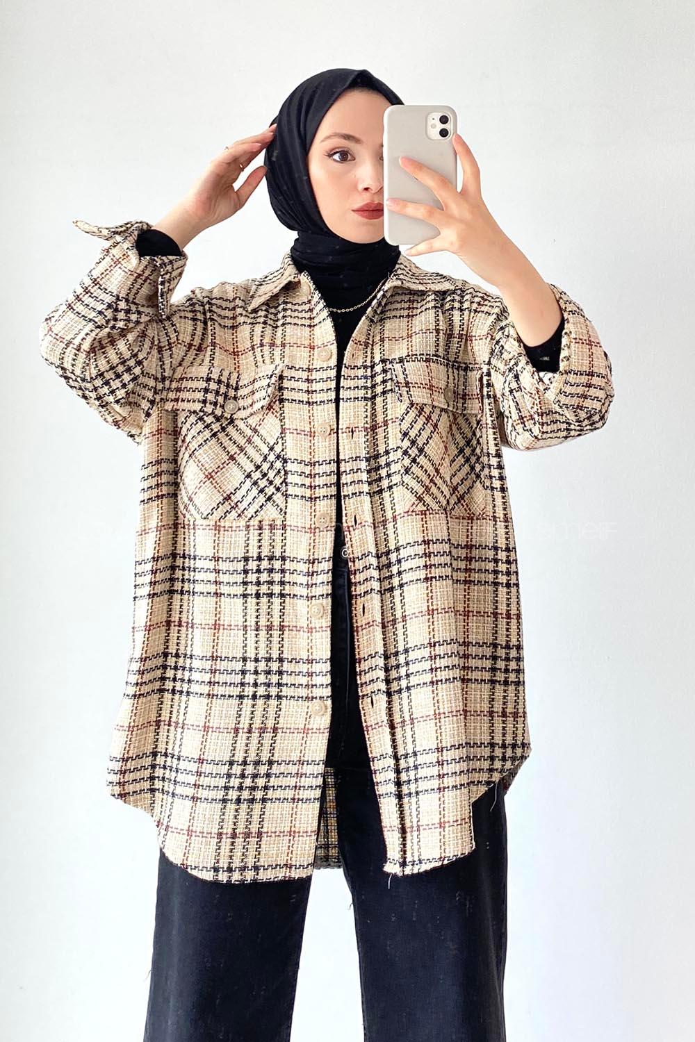 Modalamelif Kapak Çift Cep Detaylı Ekose Salaş Gömlek Bej