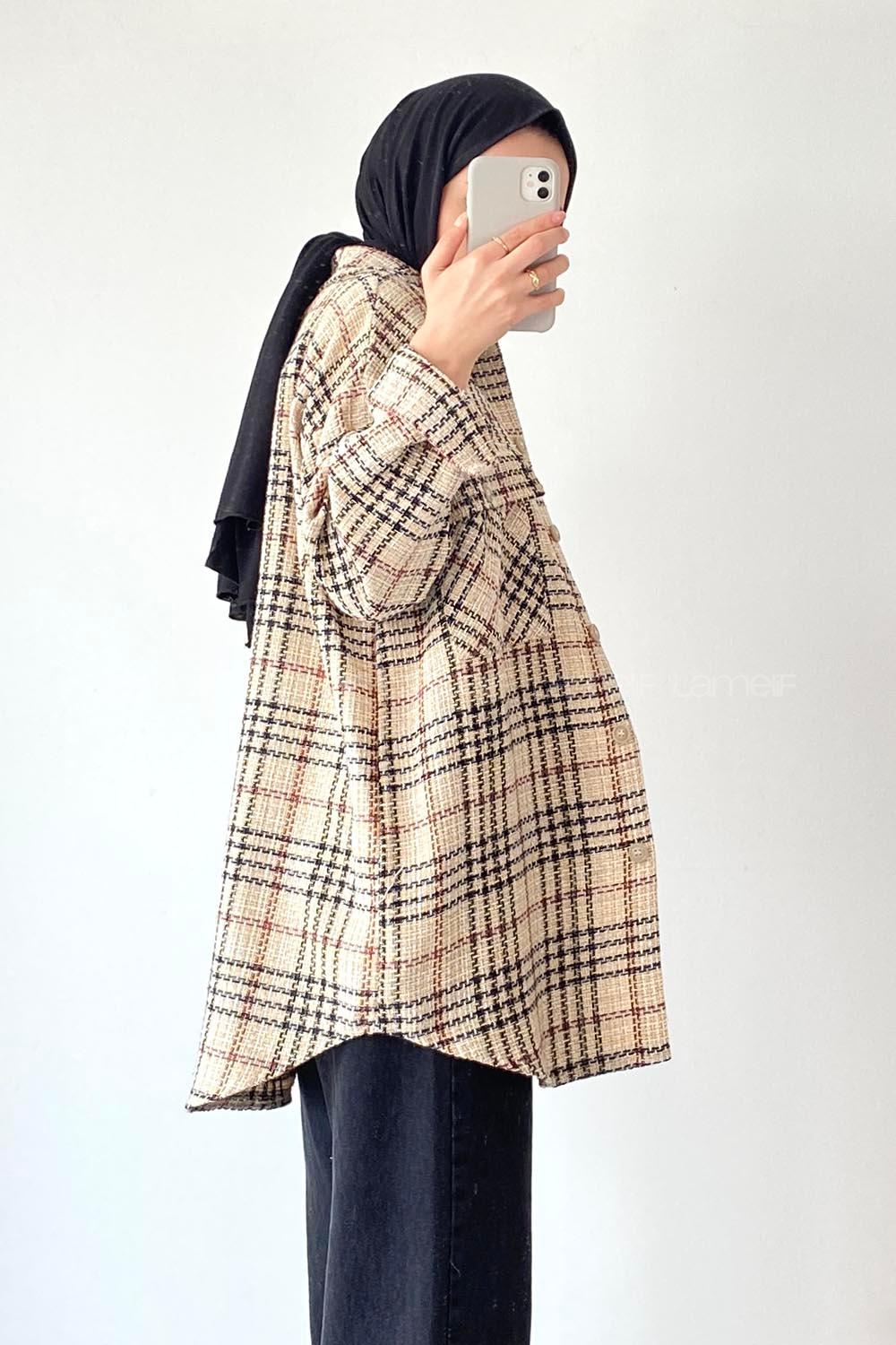 Modalamelif Kapak Çift Cep Detaylı Ekose Salaş Gömlek Bej