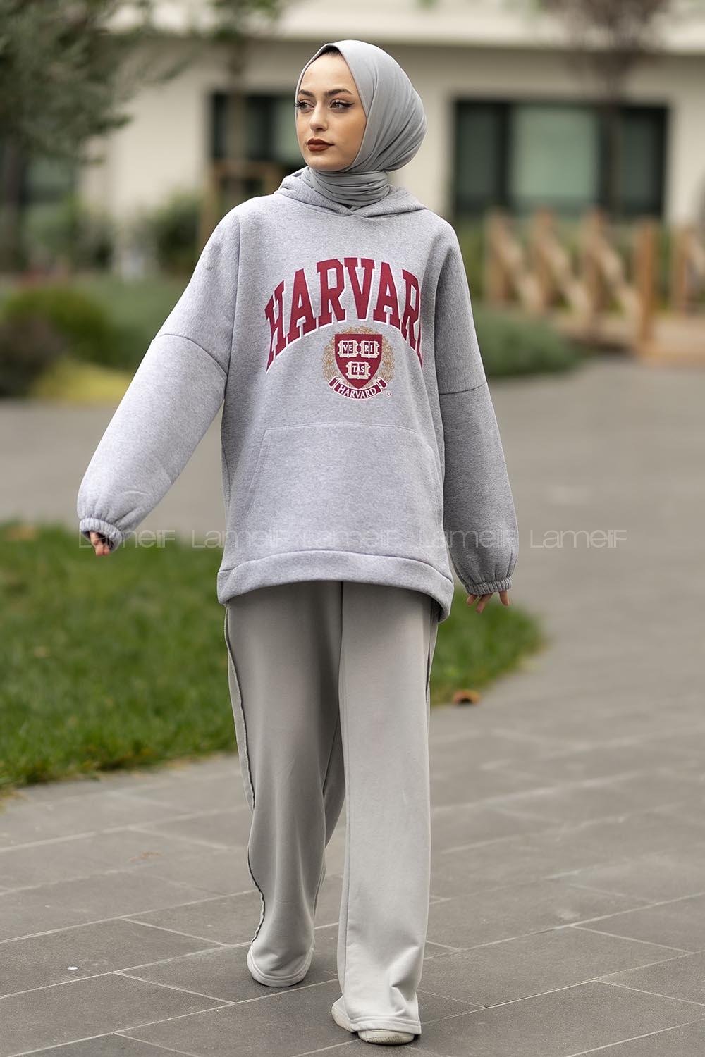 Modalamelif Kapüşon Detaylı Harvard Yazı Baskılı Model Sweat Gri