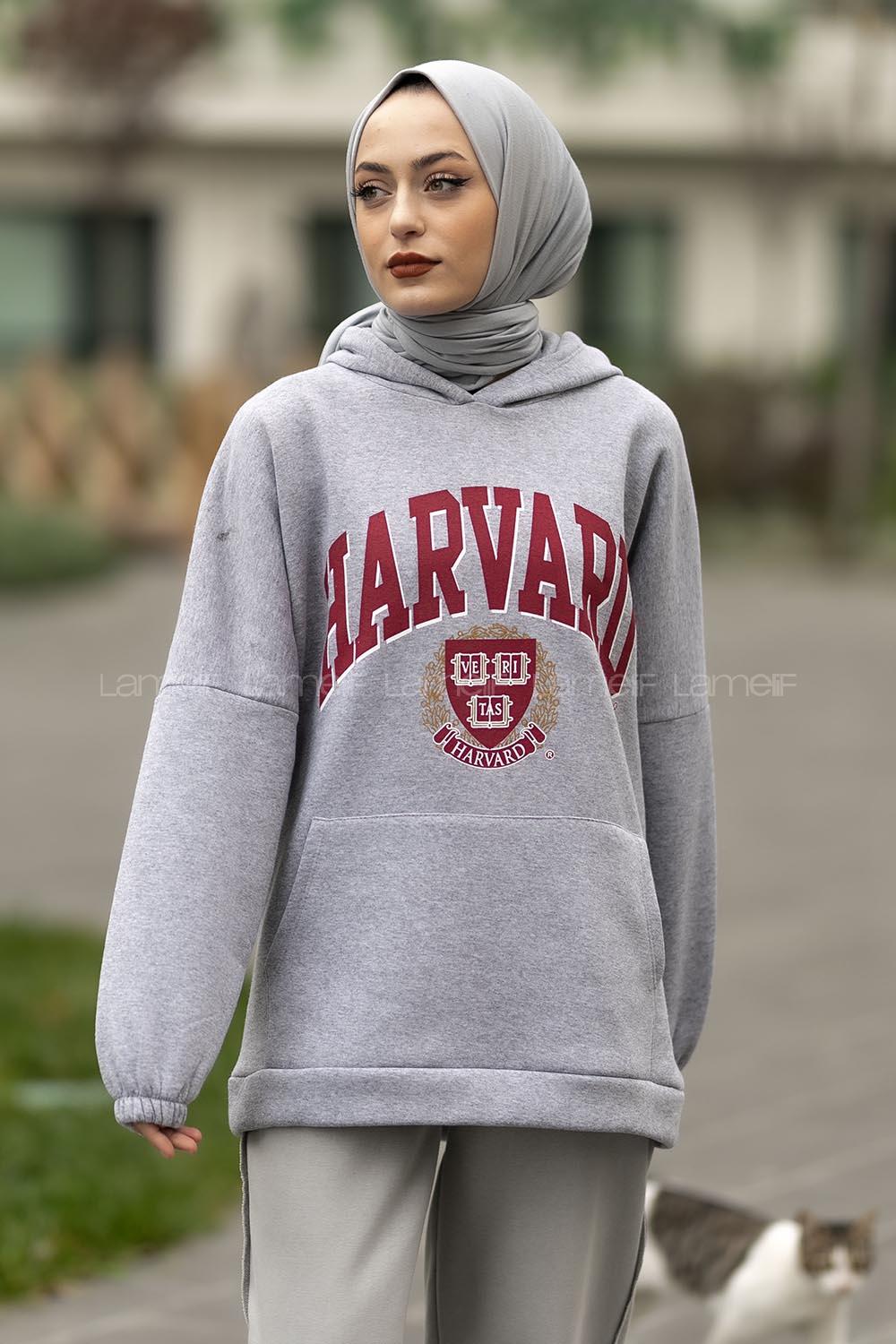 Modalamelif Kapüşon Detaylı Harvard Yazı Baskılı Model Sweat Gri