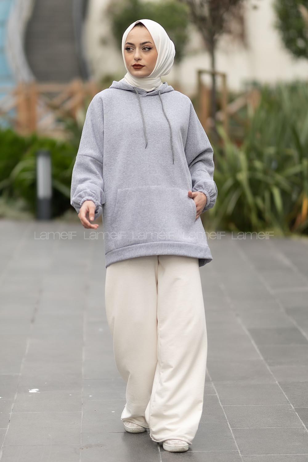 Modalamelif Kapüşon Detaylı Kanguru Cepli Sweat Gri