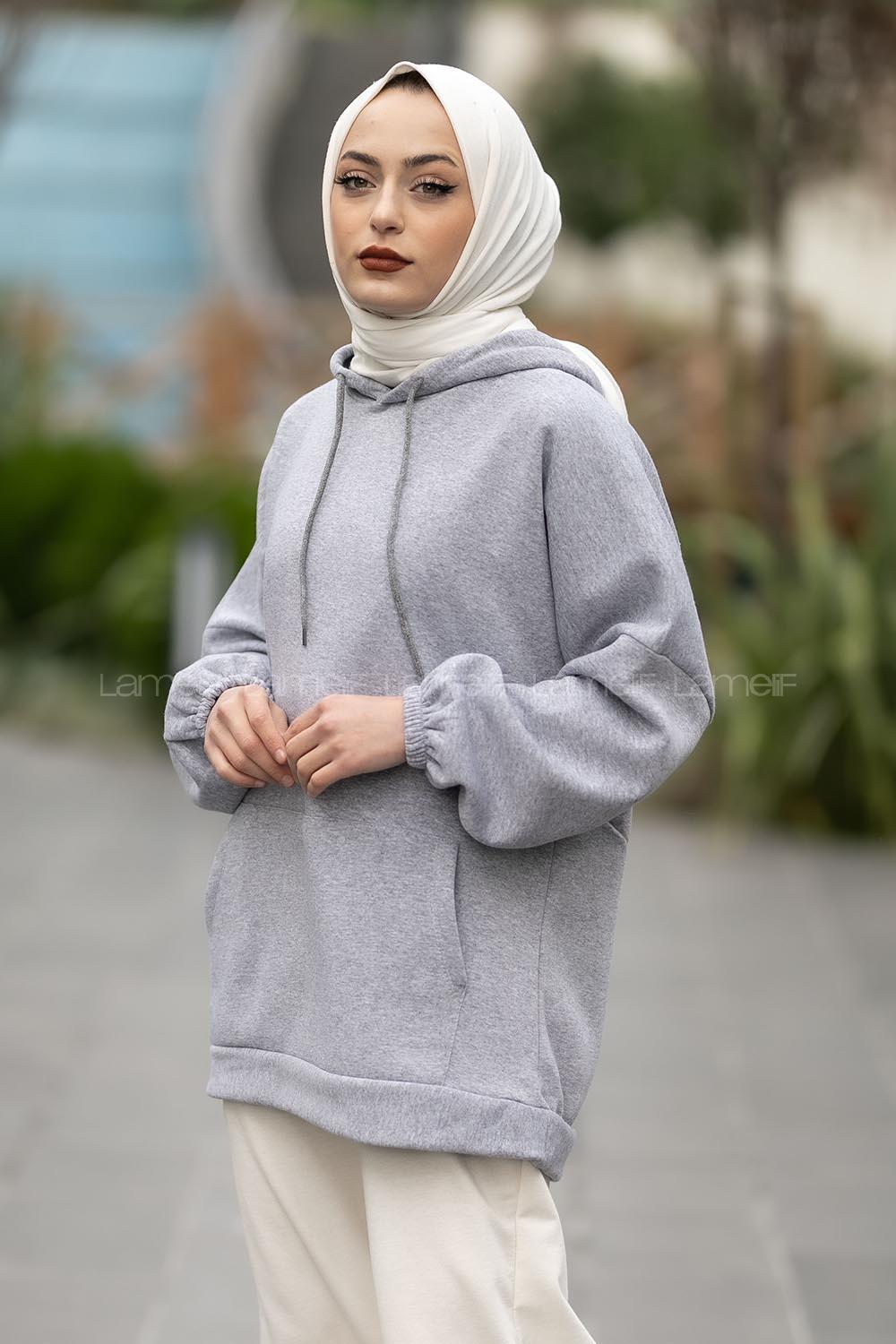 Modalamelif Kapüşon Detaylı Kanguru Cepli Sweat Gri