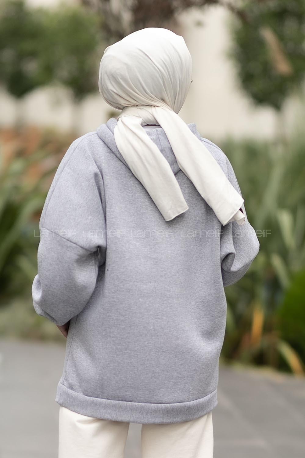 Modalamelif Kapüşon Detaylı Kanguru Cepli Sweat Gri