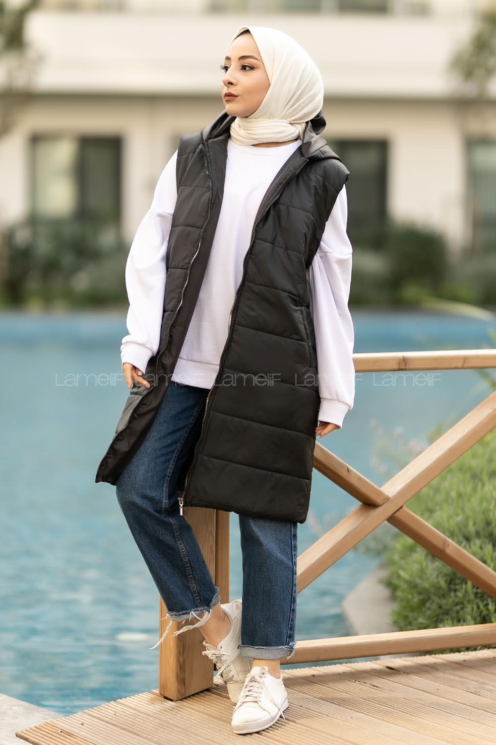 Modalamelif Kapüşonlu Çift Cepli Fermuarlı Şişme Mont Yelek Siyah