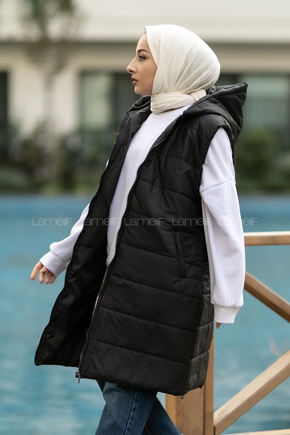 Modalamelif Kapüşonlu Çift Cepli Fermuarlı Şişme Mont Yelek Siyah