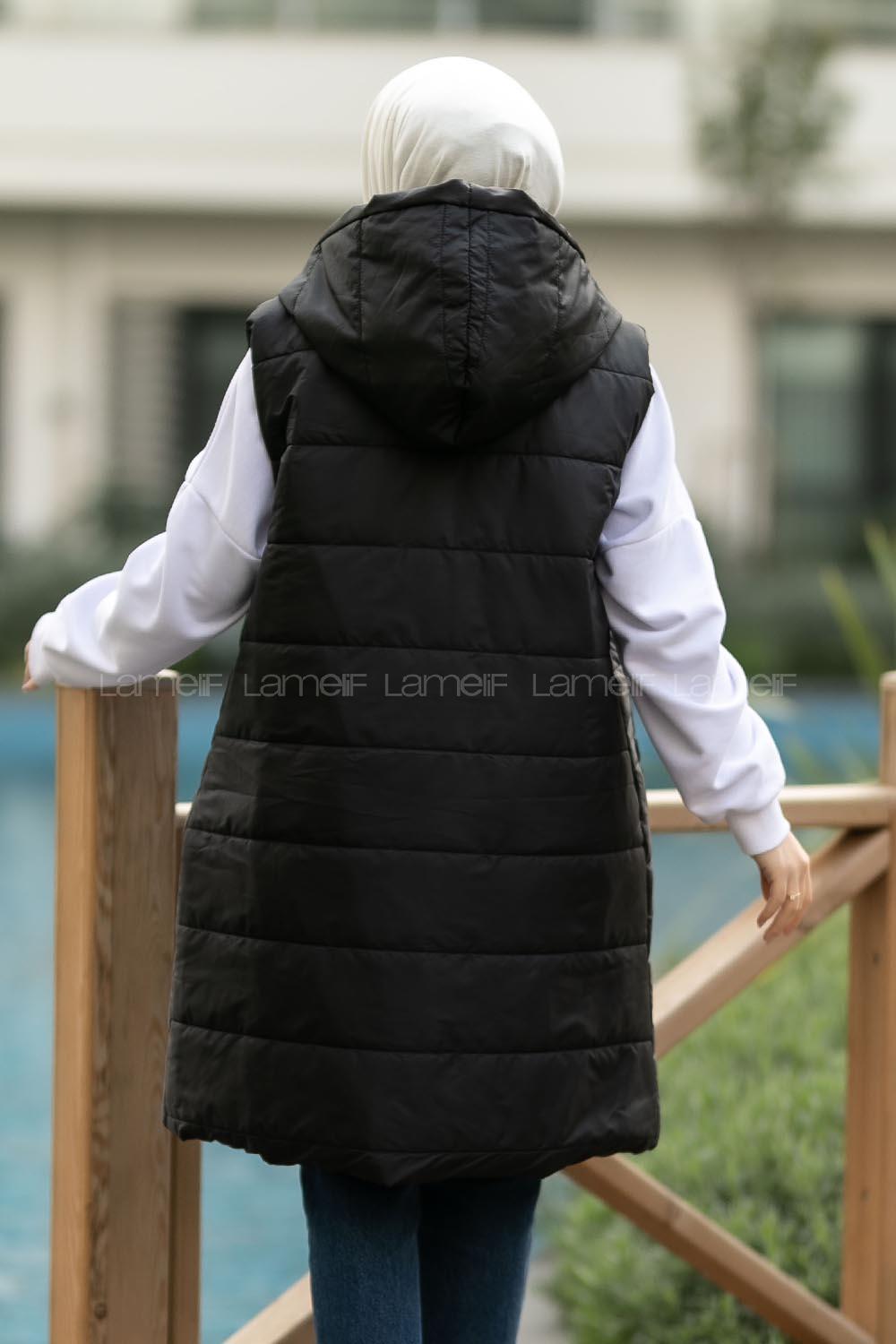 Modalamelif Kapüşonlu Çift Cepli Fermuarlı Şişme Mont Yelek Siyah