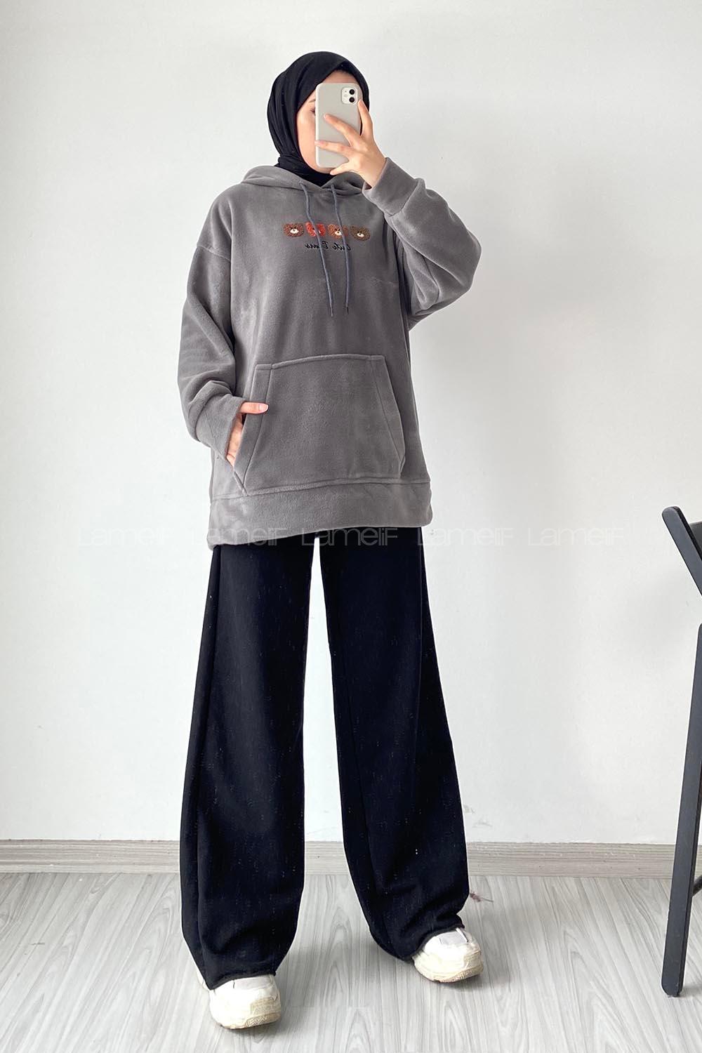 Modalamelif Kapüşonlu Kanguru Cepli Bear Baskılı Polar Sweatshirt Füme