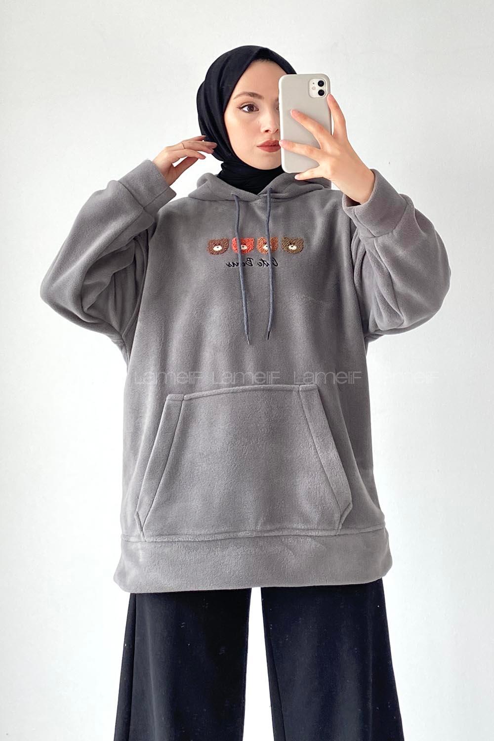 Modalamelif Kapüşonlu Kanguru Cepli Bear Baskılı Polar Sweatshirt Füme
