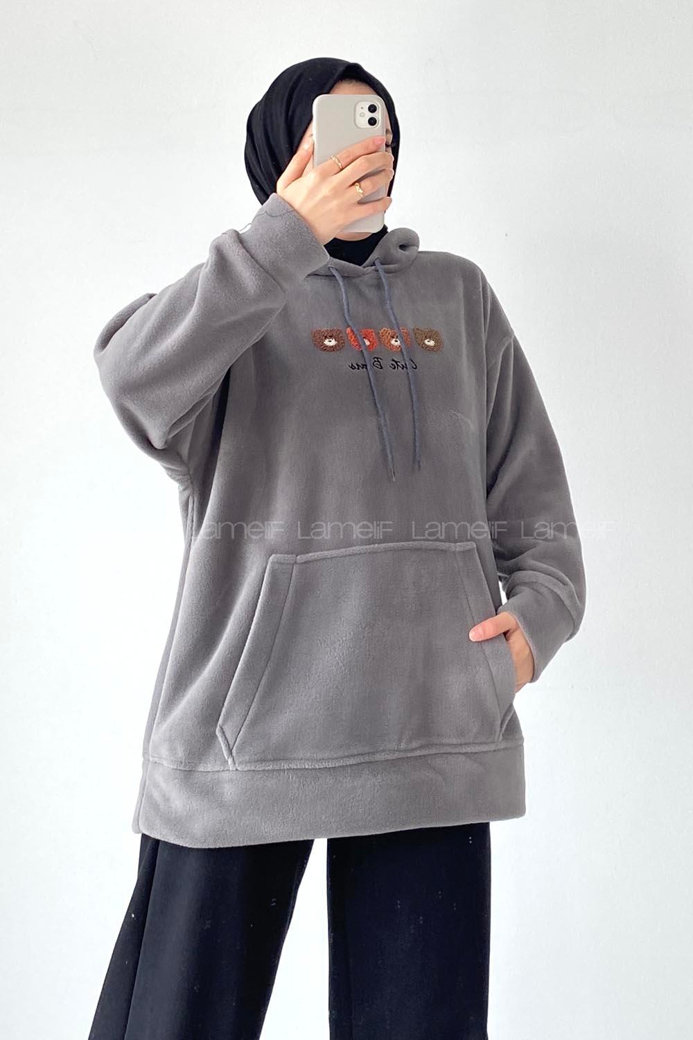 Modalamelif Kapüşonlu Kanguru Cepli Bear Baskılı Polar Sweatshirt Füme