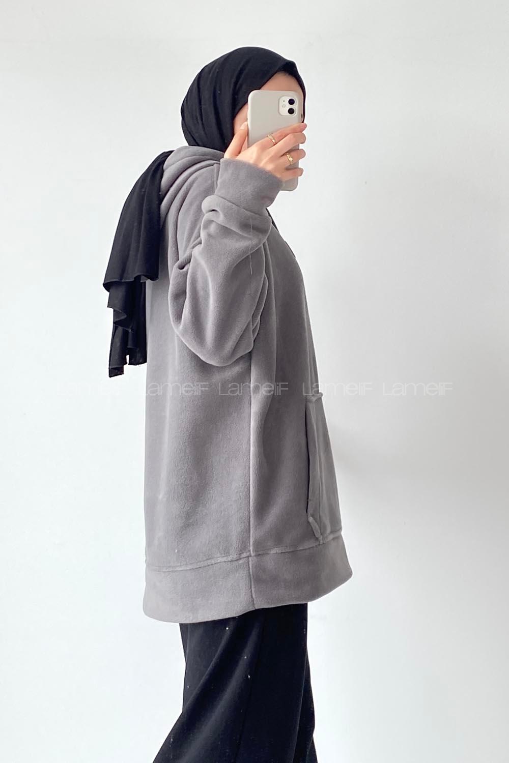 Modalamelif Kapüşonlu Kanguru Cepli Bear Baskılı Polar Sweatshirt Füme