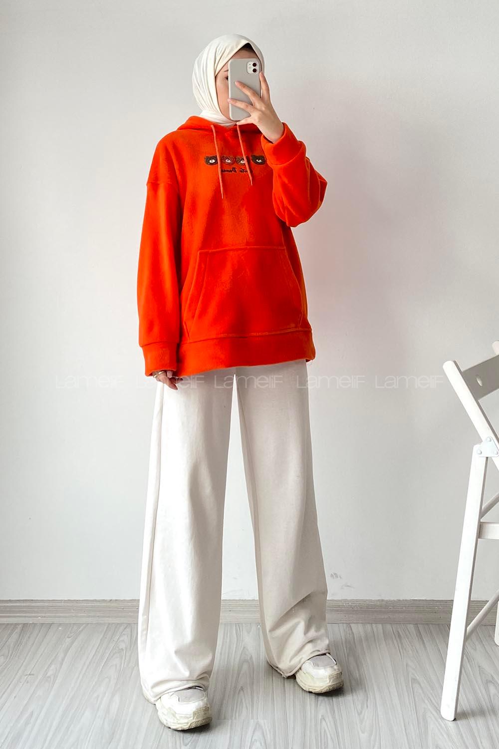 Modalamelif Kapüşonlu Kanguru Cepli Bear Baskılı Polar Sweatshirt Oranj