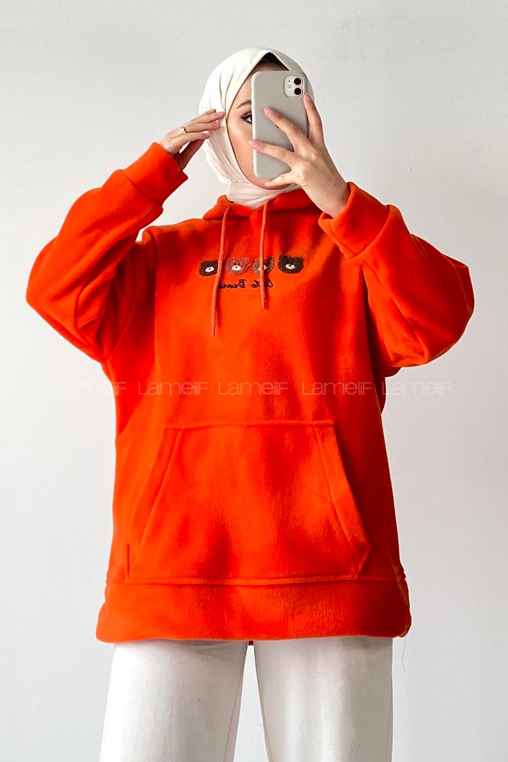 Modalamelif Kapüşonlu Kanguru Cepli Bear Baskılı Polar Sweatshirt Oranj