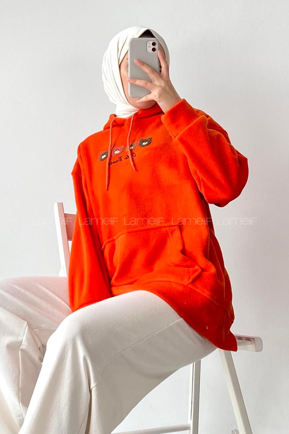 Modalamelif Kapüşonlu Kanguru Cepli Bear Baskılı Polar Sweatshirt Oranj