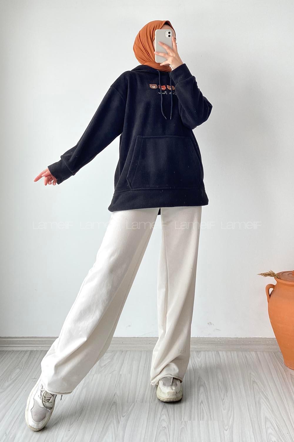 Modalamelif Kapüşonlu Kanguru Cepli Bear Baskılı Polar Sweatshirt Siyah