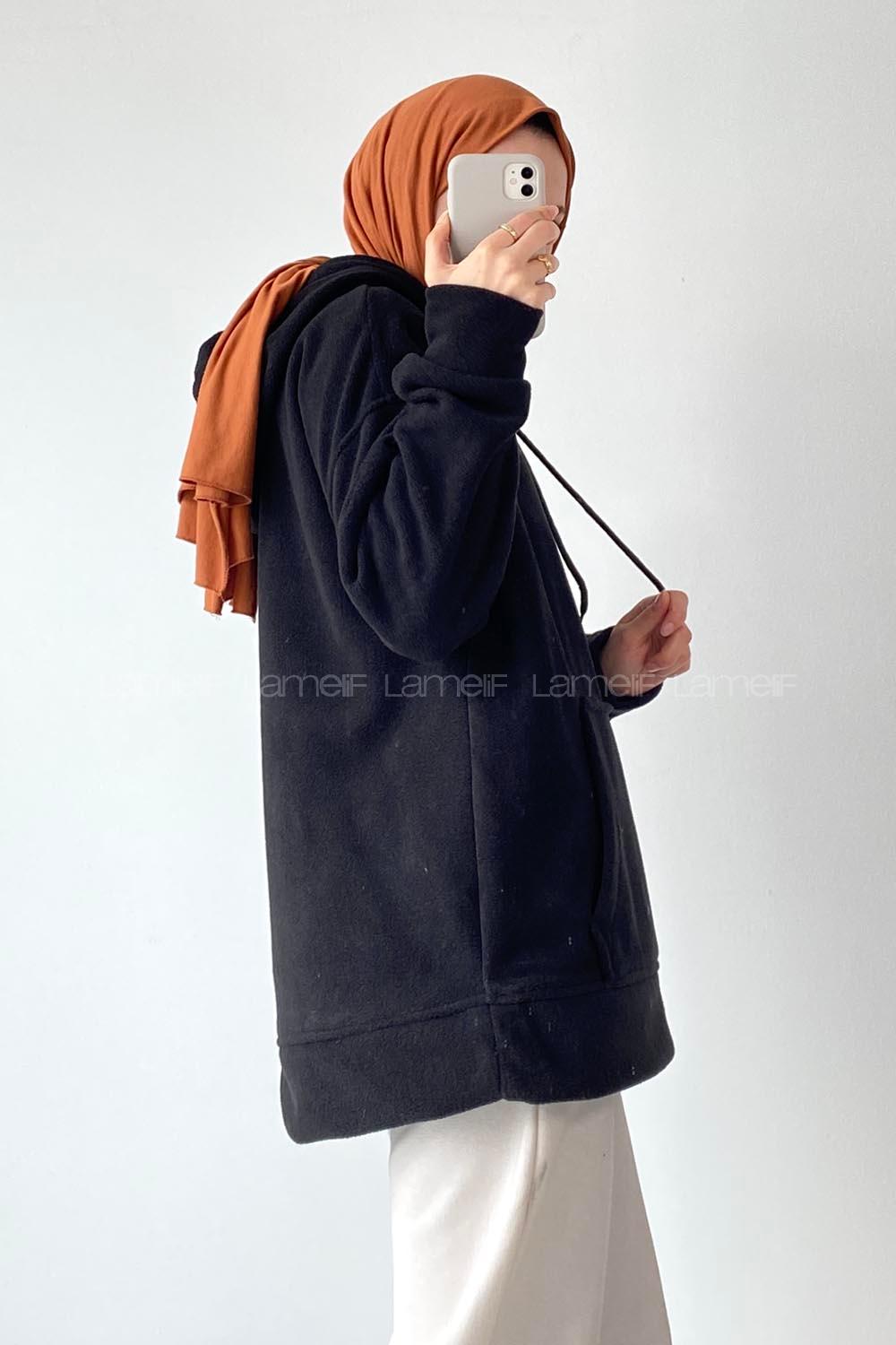 Modalamelif Kapüşonlu Kanguru Cepli Bear Baskılı Polar Sweatshirt Siyah