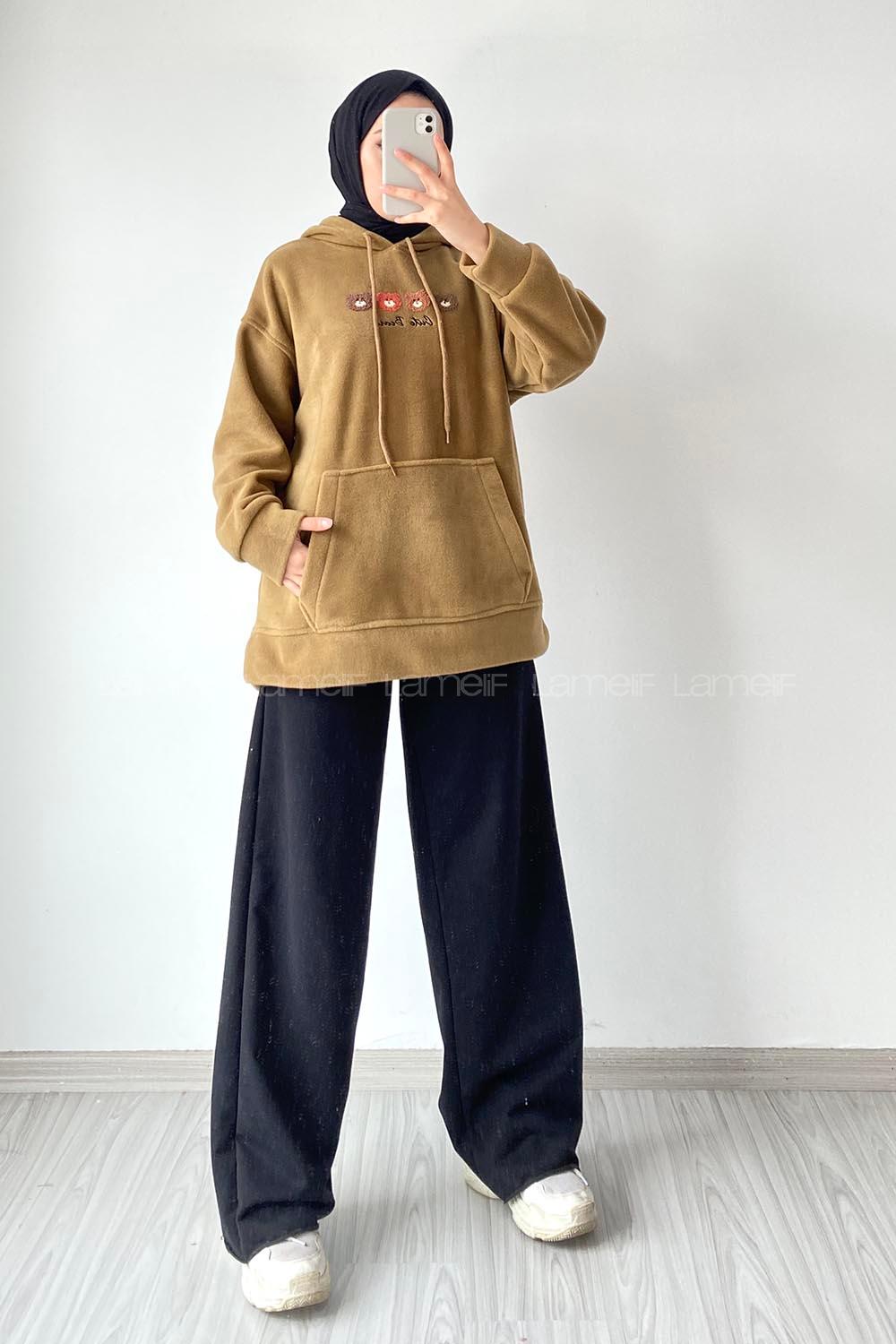 Modalamelif Kapüşonlu Kanguru Cepli Bear Baskılı Polar Sweatshirt Sütlükahve