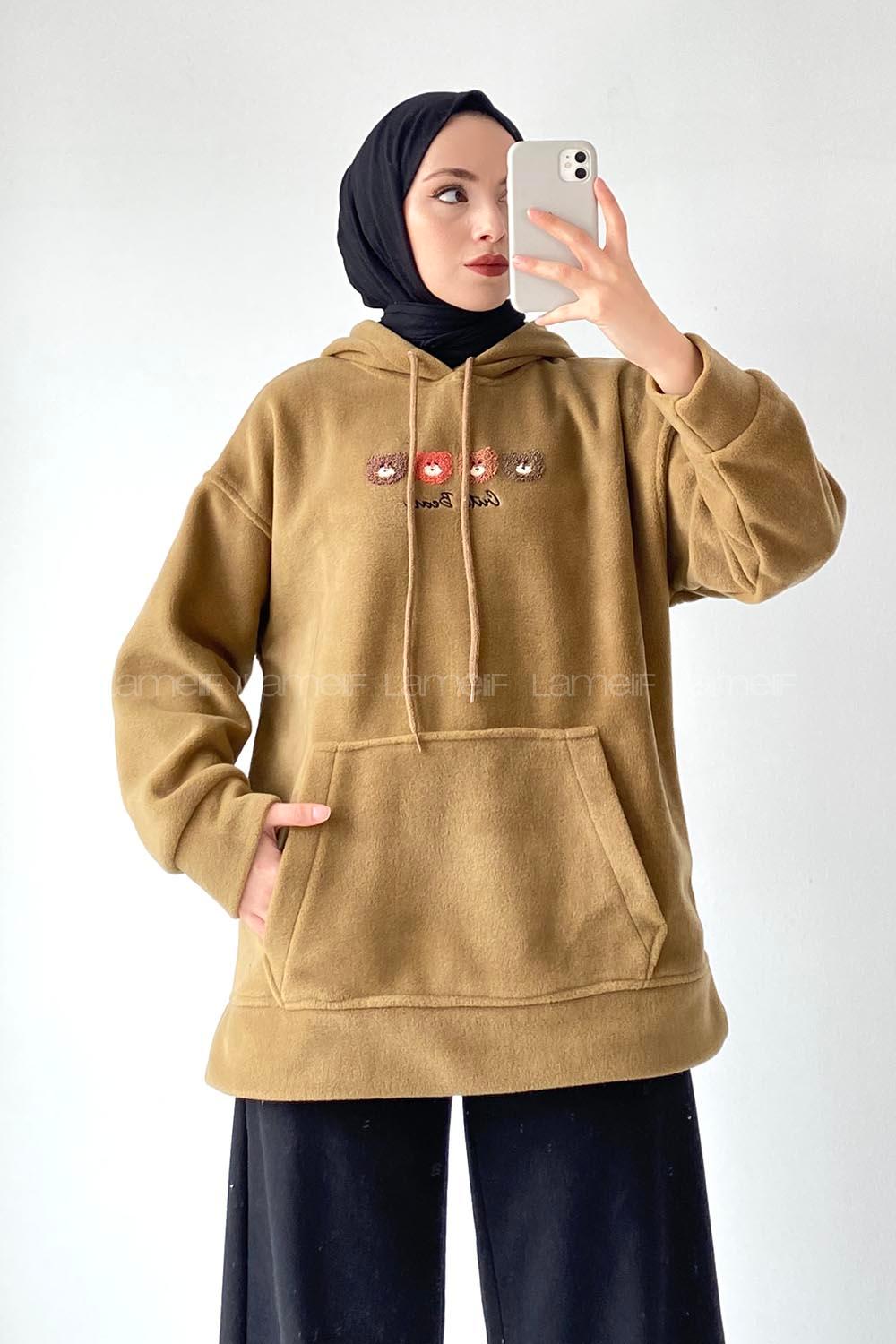 Modalamelif Kapüşonlu Kanguru Cepli Bear Baskılı Polar Sweatshirt Sütlükahve