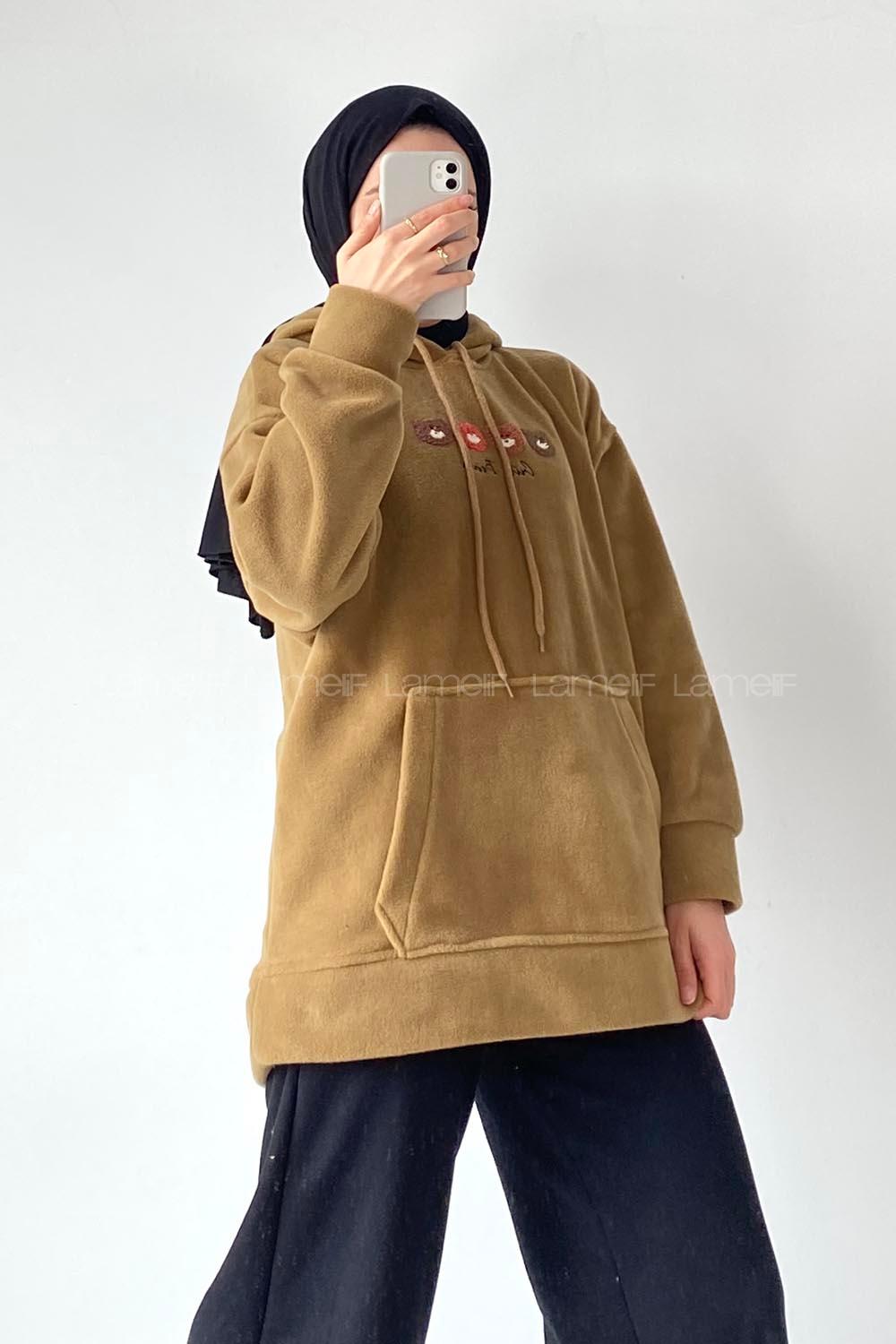 Modalamelif Kapüşonlu Kanguru Cepli Bear Baskılı Polar Sweatshirt Sütlükahve