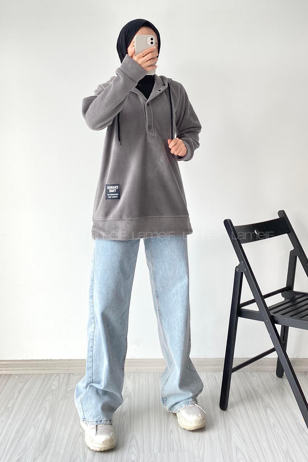 Modalamelif Kapüşonlu Önü Yarım ÇıtÇıt Düğmeli Polar Sweatshirt Füme