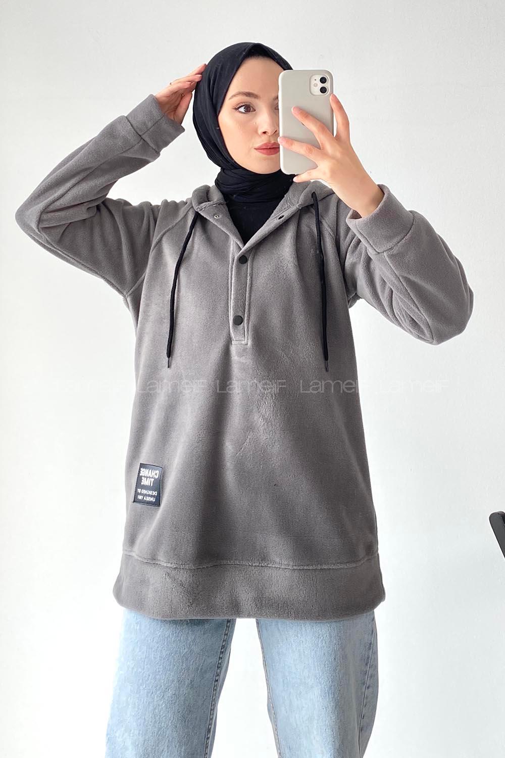 Modalamelif Kapüşonlu Önü Yarım ÇıtÇıt Düğmeli Polar Sweatshirt Füme