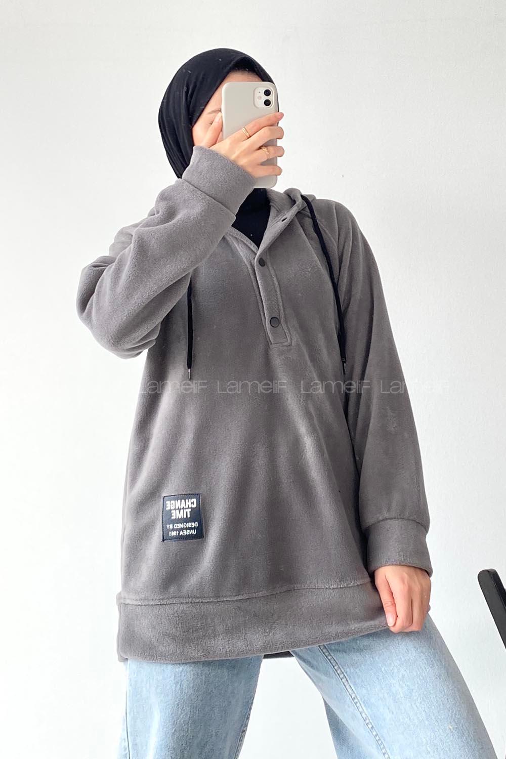 Modalamelif Kapüşonlu Önü Yarım ÇıtÇıt Düğmeli Polar Sweatshirt Füme