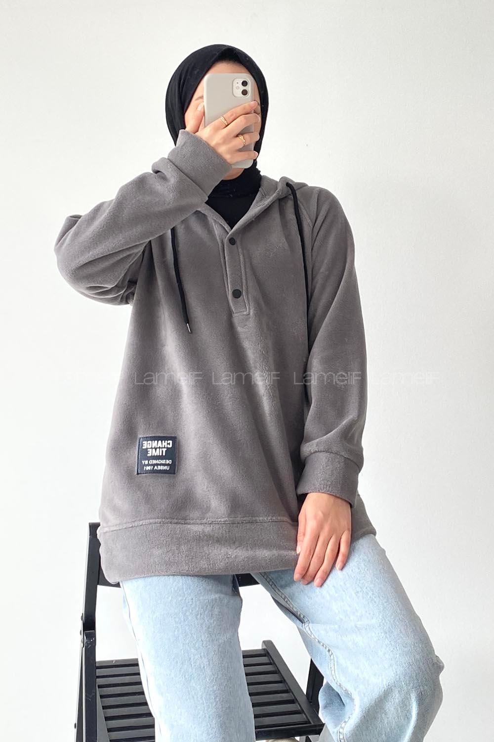 Modalamelif Kapüşonlu Önü Yarım ÇıtÇıt Düğmeli Polar Sweatshirt Füme