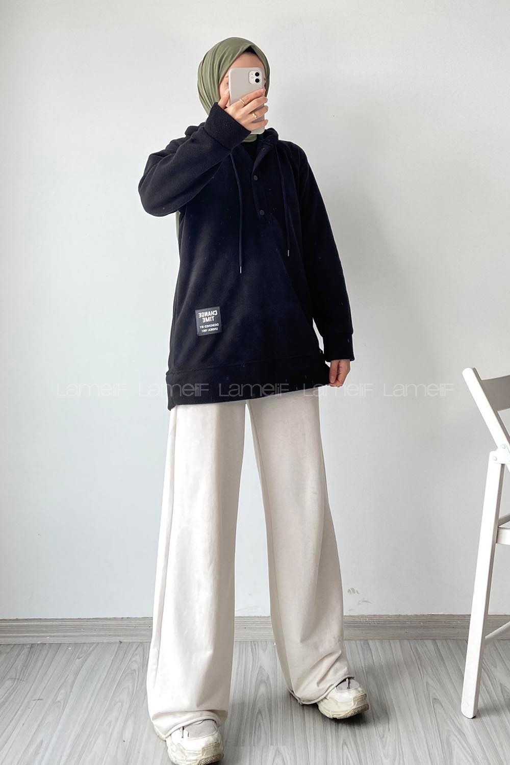 Modalamelif Kapüşonlu Önü Yarım ÇıtÇıt Düğmeli Polar Sweatshirt Siyah