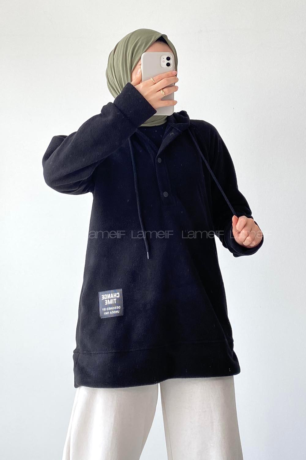 Modalamelif Kapüşonlu Önü Yarım ÇıtÇıt Düğmeli Polar Sweatshirt Siyah