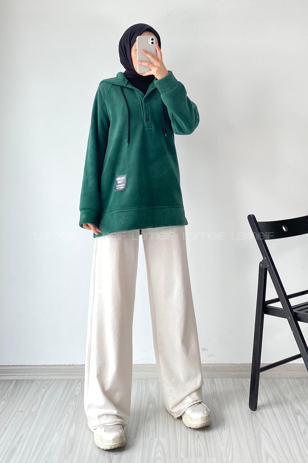 Modalamelif Kapüşonlu Önü Yarım ÇıtÇıt Düğmeli Polar Sweatshirt Zümrüt