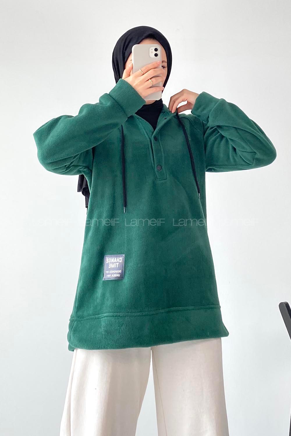 Modalamelif Kapüşonlu Önü Yarım ÇıtÇıt Düğmeli Polar Sweatshirt Zümrüt