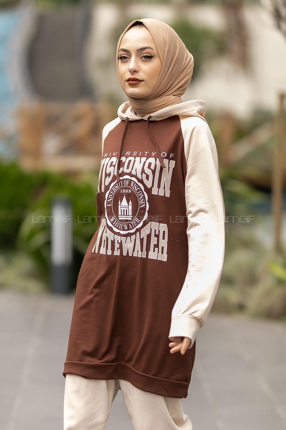 Modalamelif Kapüşonlu Yazı Baskılı Renk Garnili Detaylı Tunik Kahverengi-Krem