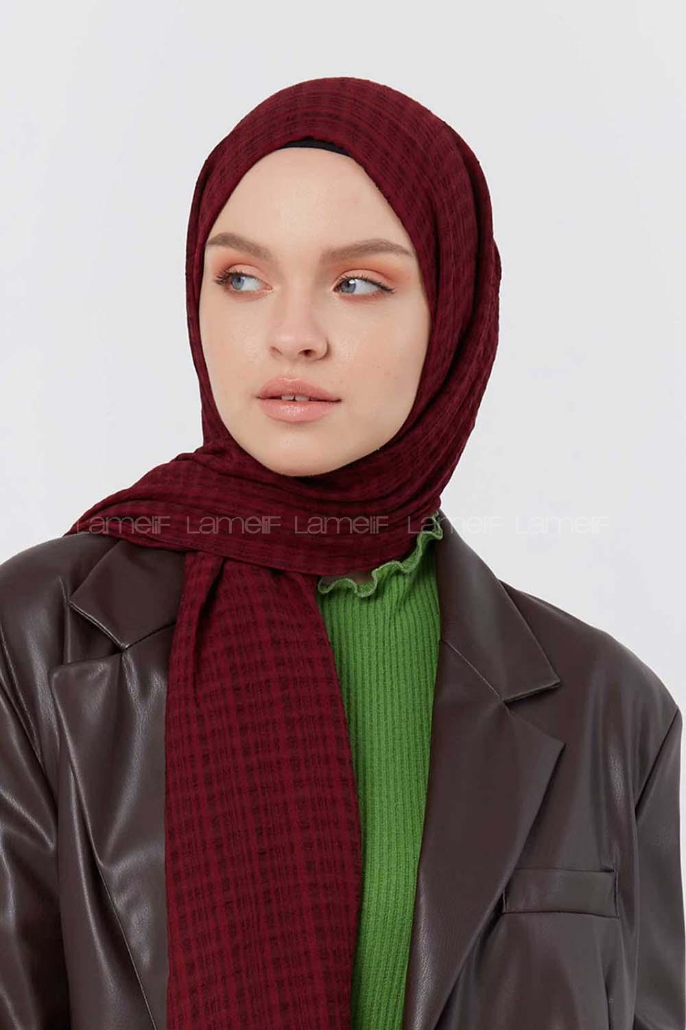 Modalamelif Kraş Pamuk Ekose Desenli Şal Bordo