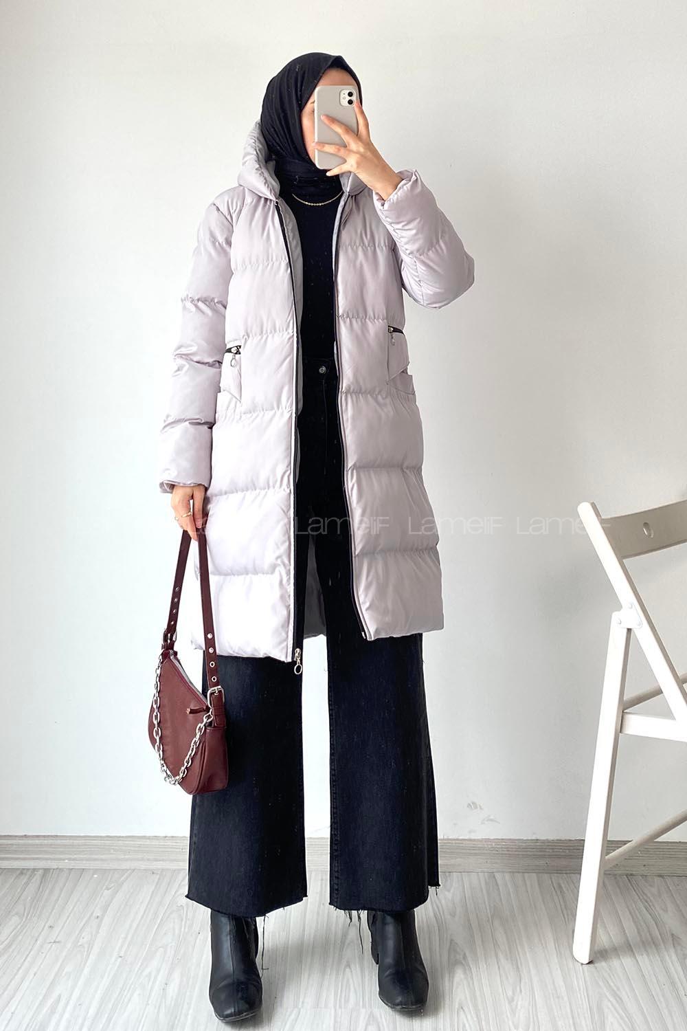 Modalamelif Önü Fermuarlı Şişme Mont Koyu Açık Gri