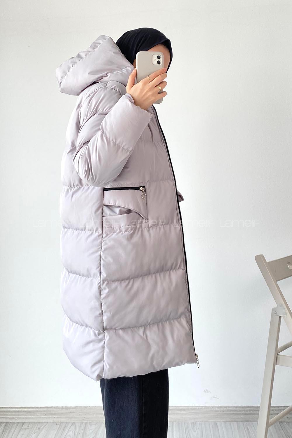 Modalamelif Önü Fermuarlı Şişme Mont Koyu Açık Gri