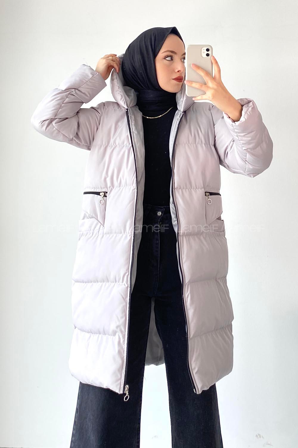 Modalamelif Önü Fermuarlı Şişme Mont Koyu Açık Gri