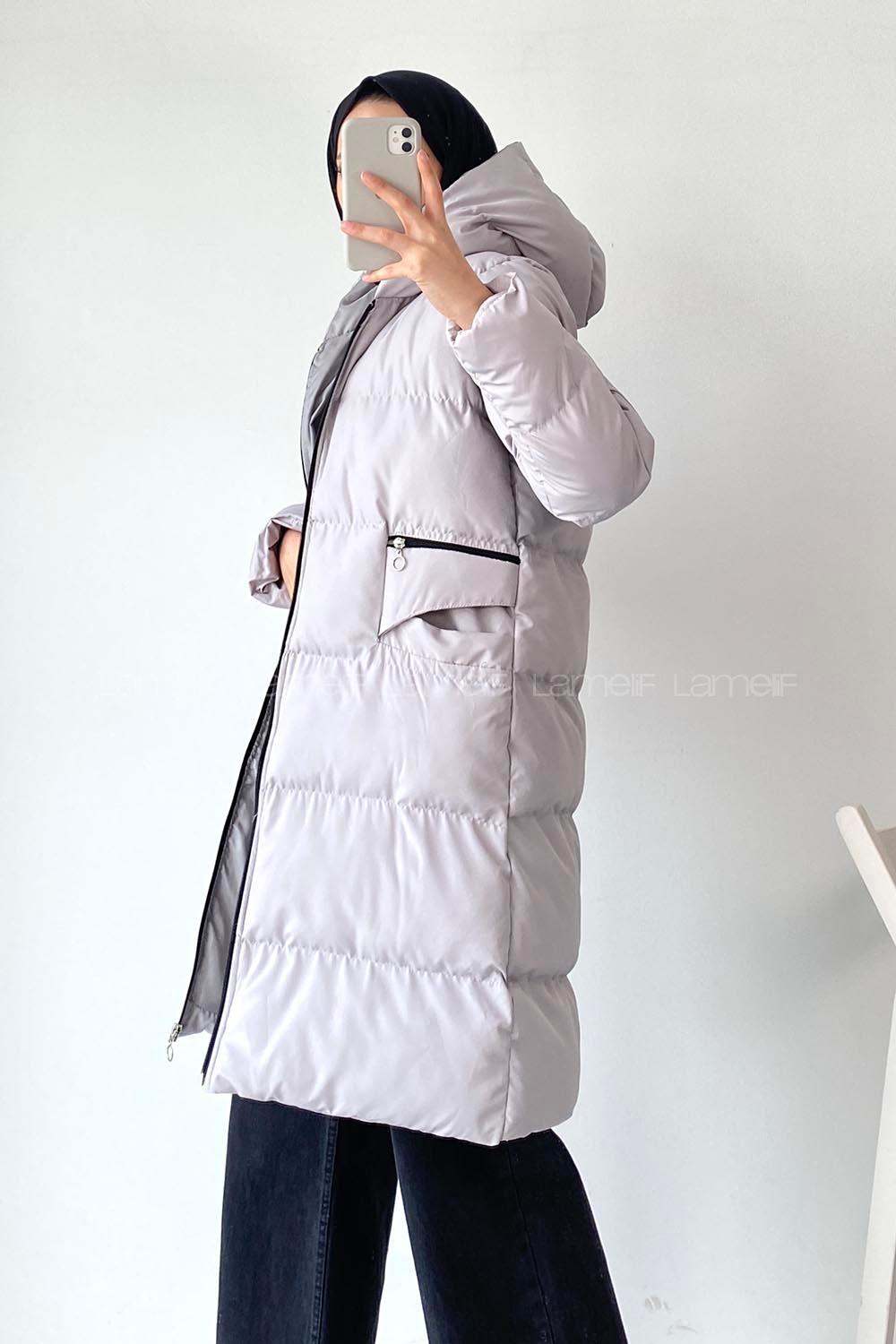 Modalamelif Önü Fermuarlı Şişme Mont Koyu Açık Gri