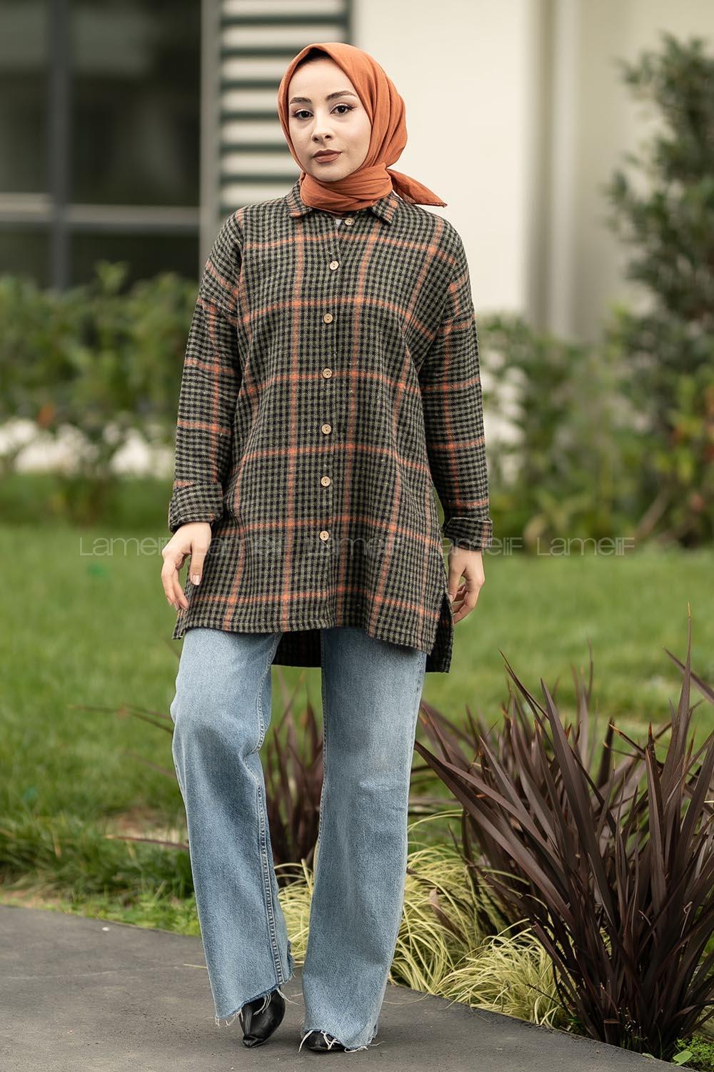 Modalamelif Pötikare Desen Oduncu Gömlek Haki-Oranj