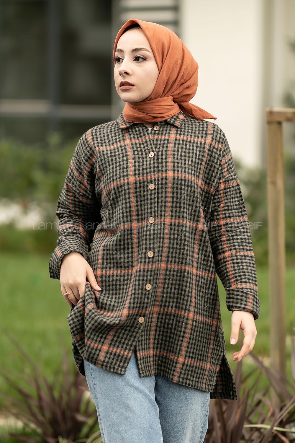 Modalamelif Pötikare Desen Oduncu Gömlek Haki-Oranj