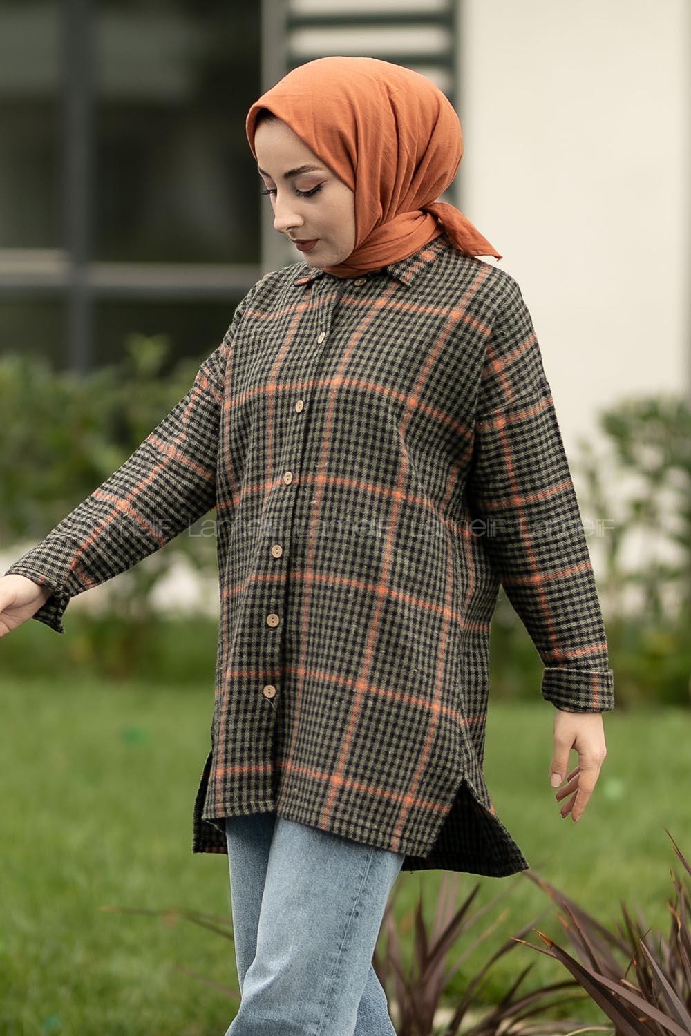 Modalamelif Pötikare Desen Oduncu Gömlek Haki-Oranj