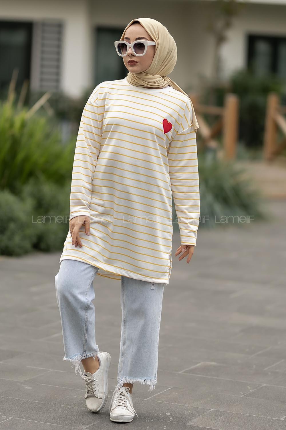 Modalamelif Renk Garnili Çizgi Desenli Kalp Nakışlı Sweat Beyaz-Sarı