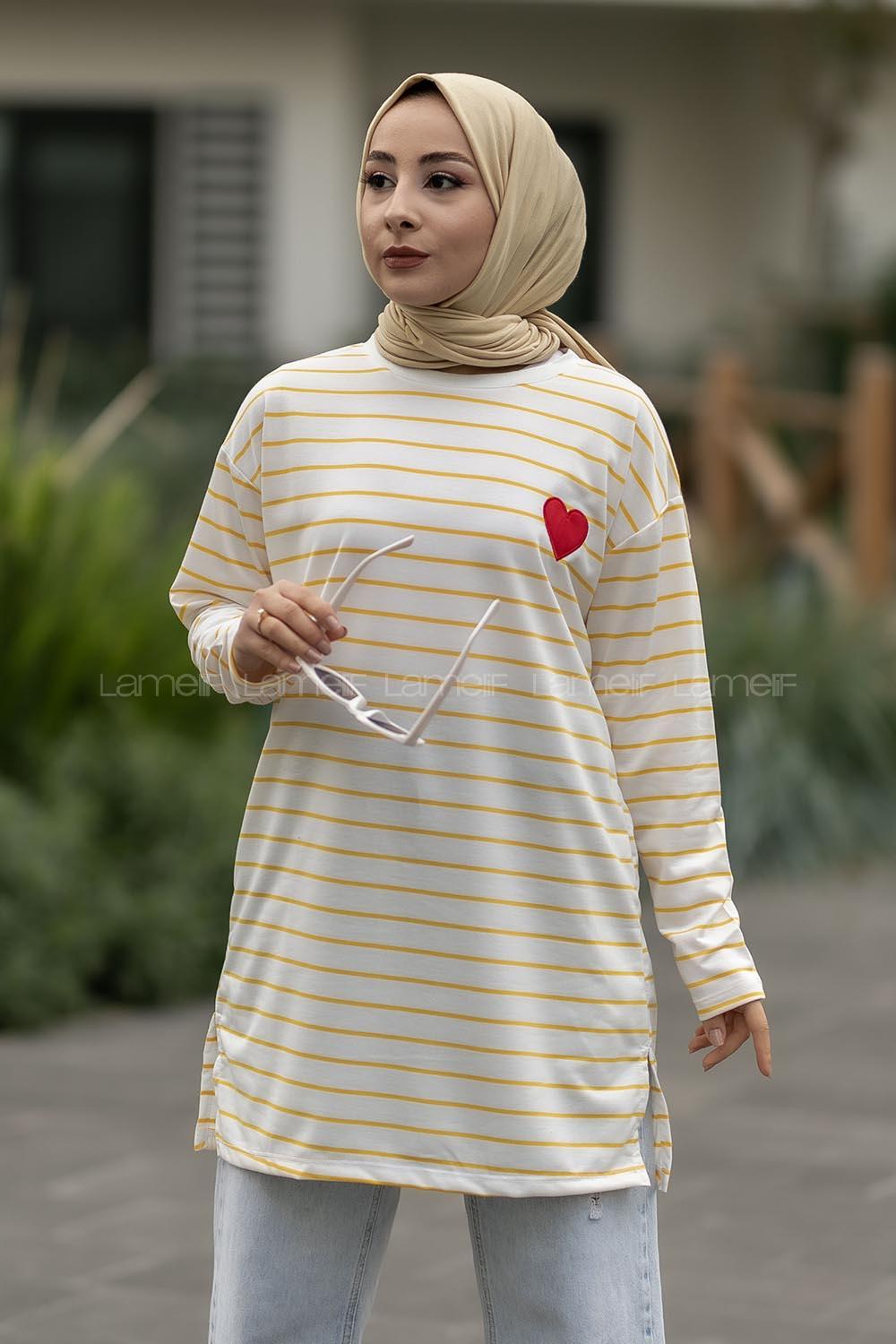 Modalamelif Renk Garnili Çizgi Desenli Kalp Nakışlı Sweat Beyaz-Sarı
